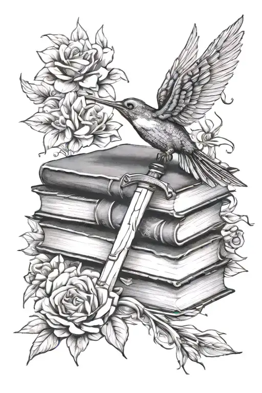 Sword Going Through Books With Flowers And A Humming Bird