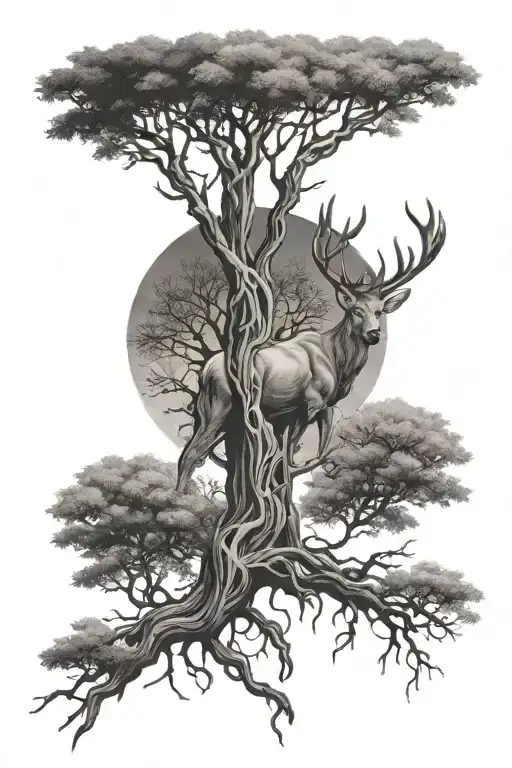 Buck In Front Of A Tree Of Life Intertwined