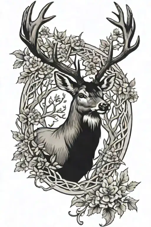 Buck In Front Of A Tree Of Life With Antlers Intertwined With Branches