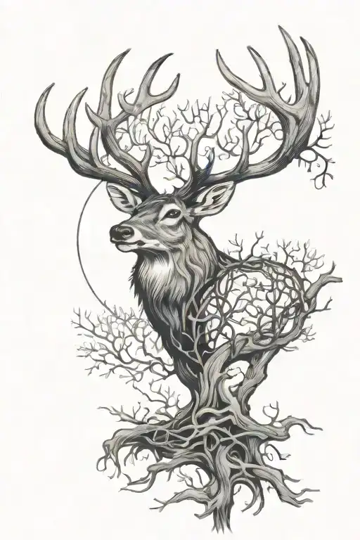 Buck In Front Of A Tree Of Life With Antlers Intertwined With Branches