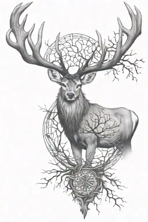 Buck In Front Of A Tree Of Life With Antlers Intertwined With Branches