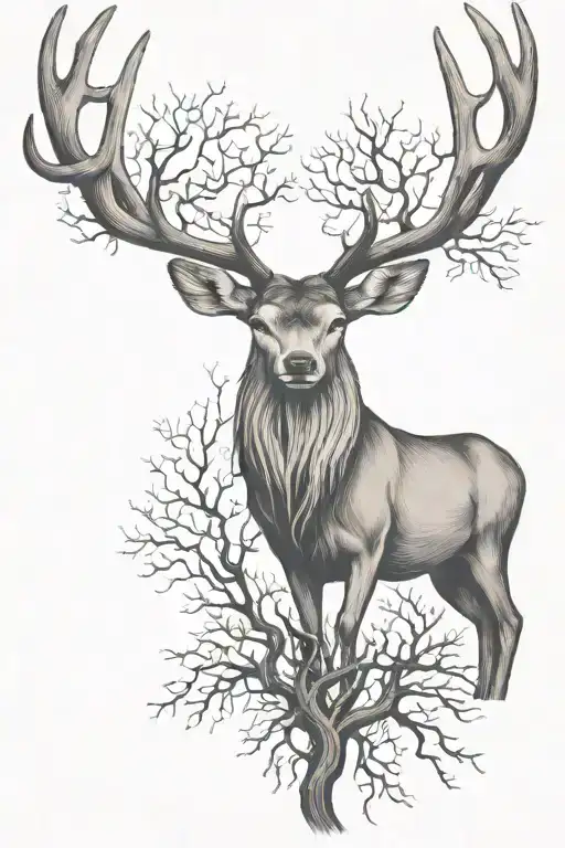 Buck In Front Of A Tree Of Life With Antlers Intertwined With Branches