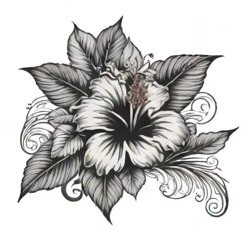 Hibiscus Flower With A Palm Tree And Waves