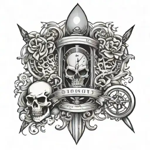 Timeglass With Skull And Dagger And Half Moon Surrounded