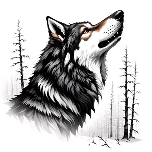 Wolf Howling In A Forest Of Birch Trees