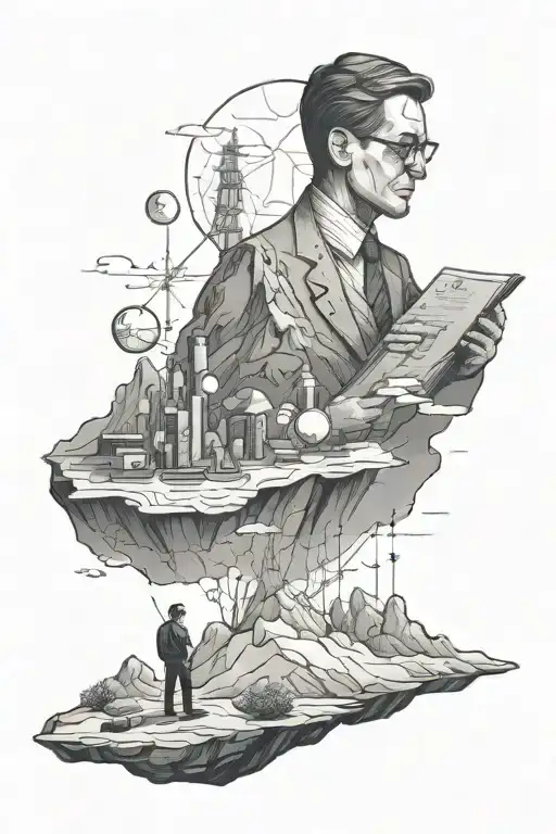 A Black-grey Tattoo Of A Health Economist Analyzing Data On A Mountain Cliff