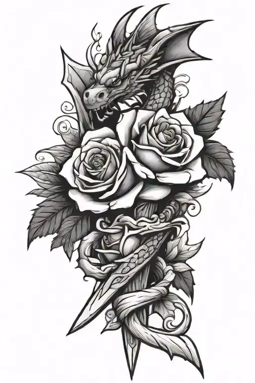 Dagger With Dragon On One Side And Rose On The Other Intertwing On Blade