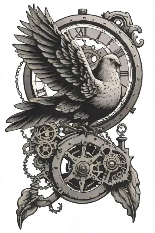 Dove Carrying A Watch Mechanism Intertwined But Simple Design