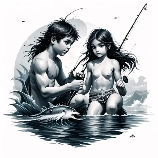 2 Boys And A Girl Fishing With An Ocean God