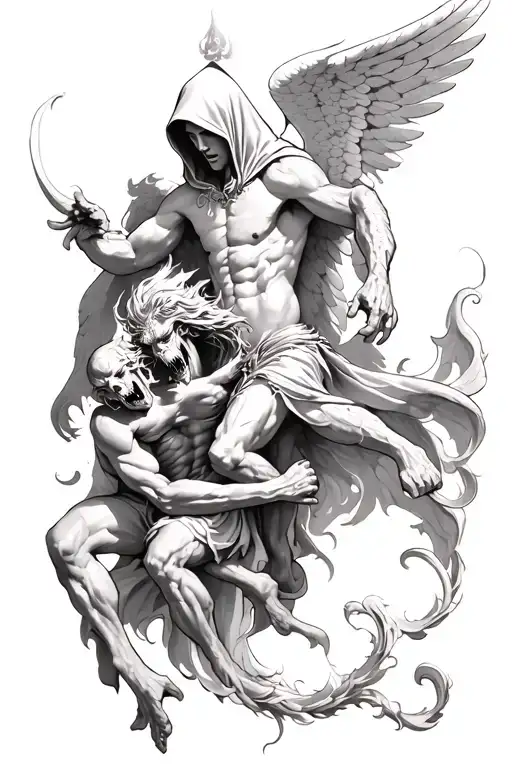 Hooded Arch Angel Defeating A Demon