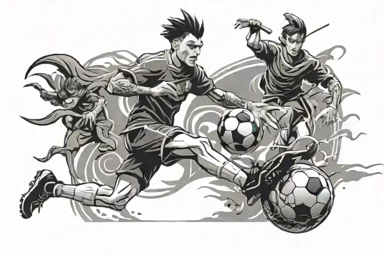 A Soccer Player With Anime-inspired Features And Behind Demons Chasing