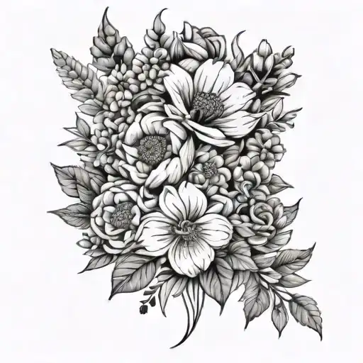 Outline Flower Bouquet With Birth Flowers