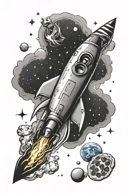 Space Themed Rocket Tattoo With Pizza Floating