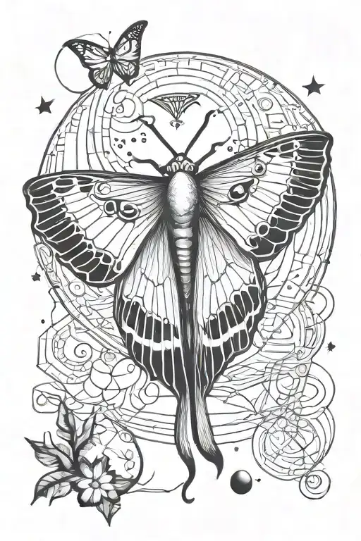 Black And White Luna Moth Moon Phases Geometric Line