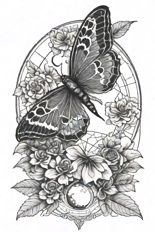 Black And White Luna Moth Moon Phases Geometric Line With Flowers