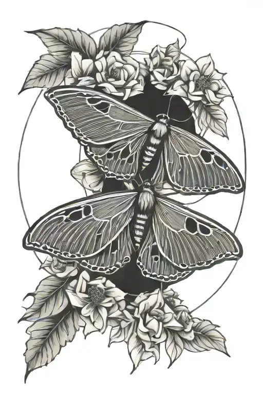 Black And White Luna Moth Moon Phases Geometric Line With Flowers Minimal Lines