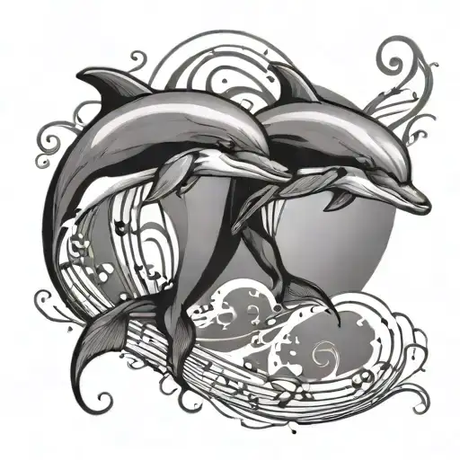 Two Dolphins With Large Music Notes Everywhere All