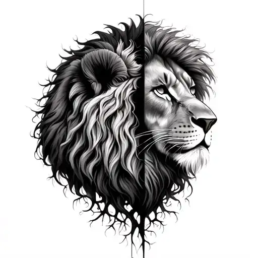 Half Lion Half Face Growing From A Teee With Roots That Look Like Family Portraits