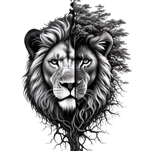 Half Lion Half Face Growing From A Tree With Roots That Look Like Family Portrait Sleeve