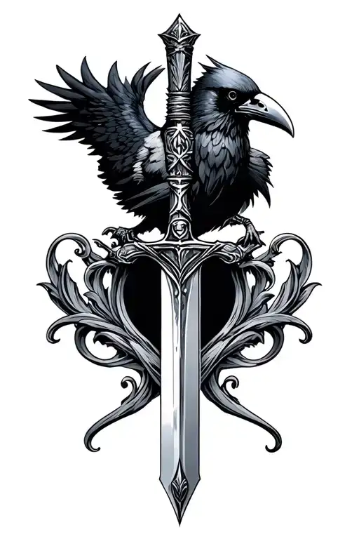 Fancy Excalibur Sword With King Crow In The Middle Tattoo Stencil