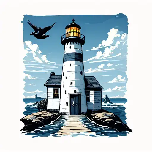 Lighthouse With Blue Sky In The Door And Swallows