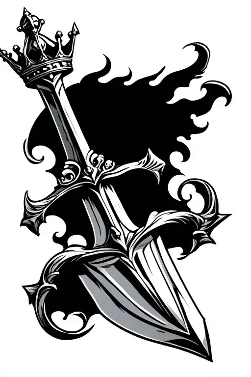 Fancy Excalibur Sword With King Crown In The Middle Tattoo Stencil