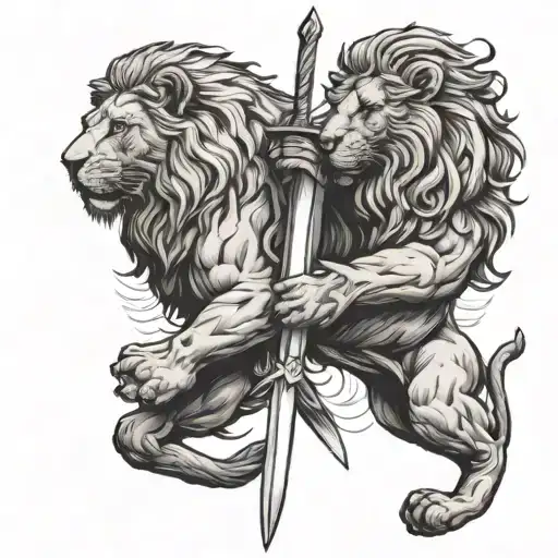 Two Lions Facing Each Other With Sword In The Middle
