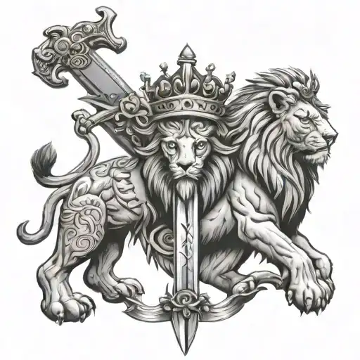 Two Lions Brothers Facing Other Side With Sword In The Middle Crown On Top