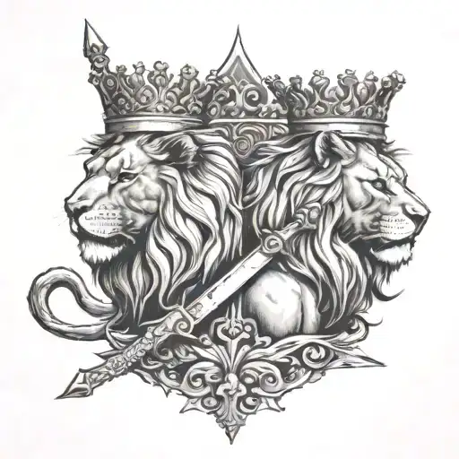 Two Lions Brothers Standing Back To Back With Sword In The Middle Crown On Top
