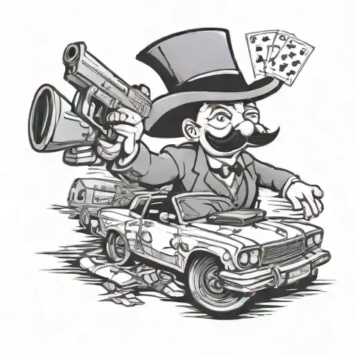 Monopoly Man In A Lowrider Car With A Gun An The Go To Jail Board Square