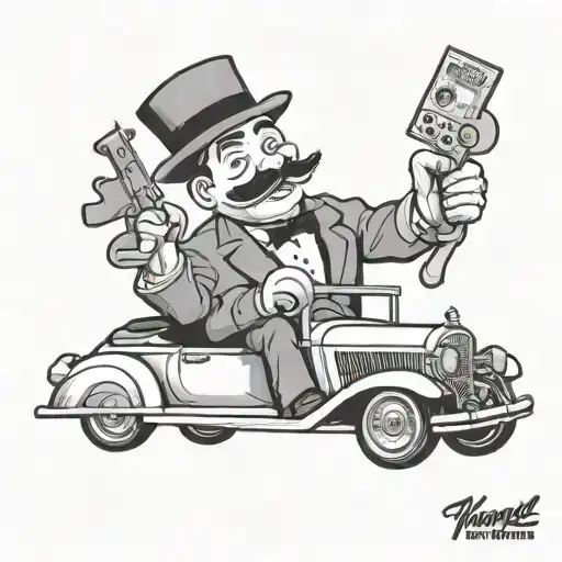 Monopoly Man In A Lowrider Car With A Gun An The Go To Jail Board Square With Calafornia Astetic