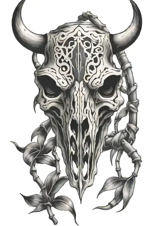 Bull Skull With Bamboo