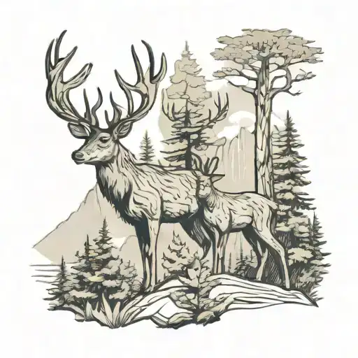 Fineline Deer And Doe With Redwood Trees