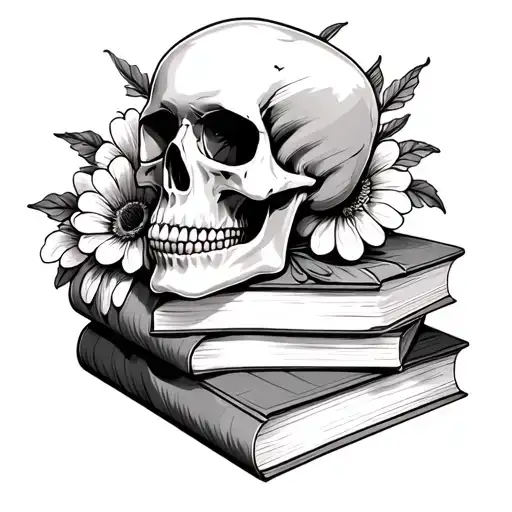 Skull On Stack Of Books With Flower Surrounded