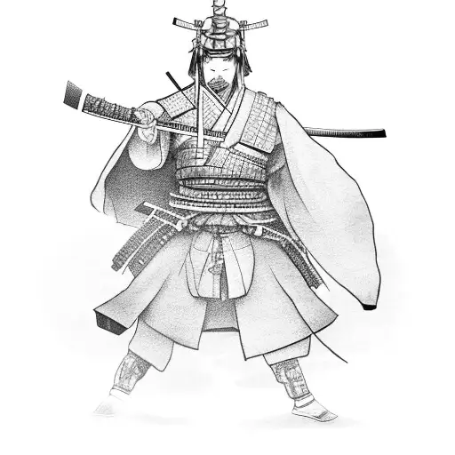 Samurai Ronin With Tori Gate In Background With Three Swords