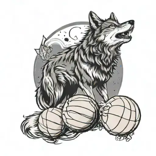A Wolf Howling At A Moon Made Of Basketballs
