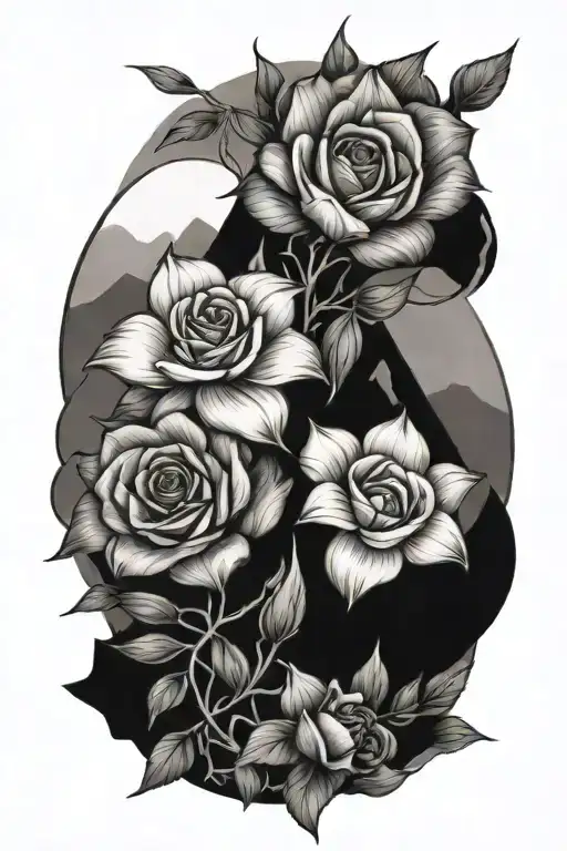 Mountains And Flowers And Compas Rose Intertwined