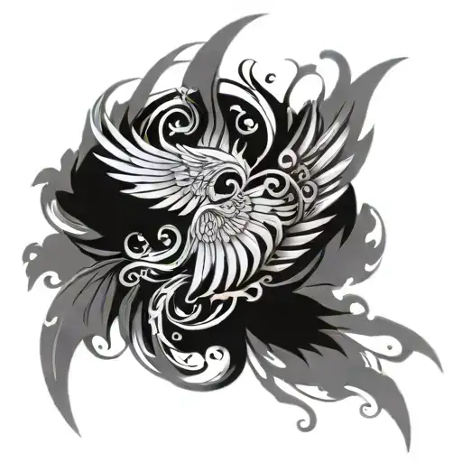 An Intricate Tattoo Of Wings Made Of Fire And Water And Nature Elements