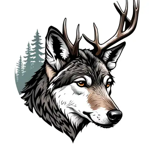 Wolf Deer Head With Trees