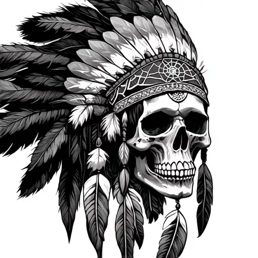 Indian Skull Wearing Headdress With A Dream Catcher