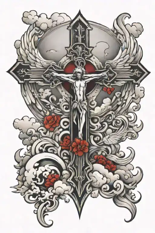 Cross With Angel And Clouds With Red Ink