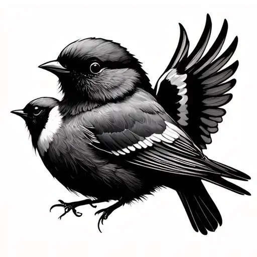 Bird With Its Wing Over A Little Bird