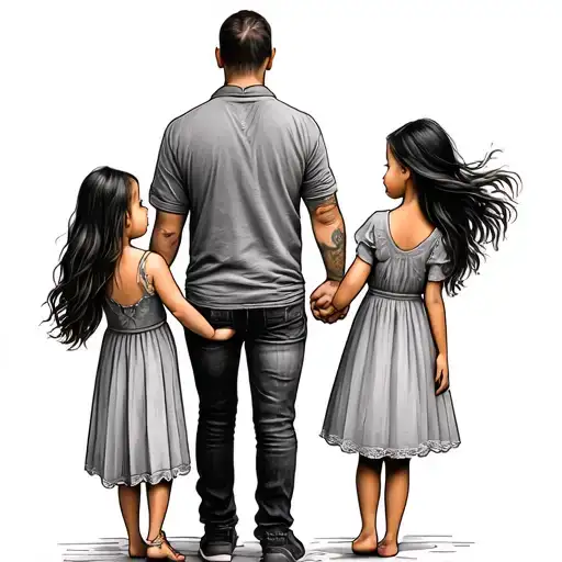 Father Holding Hands With 2 Daughters