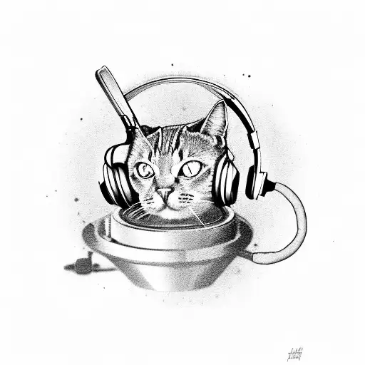 A Black-grey Portrait Of A Cat Wearing Headphones And Sitting On A Film Reel