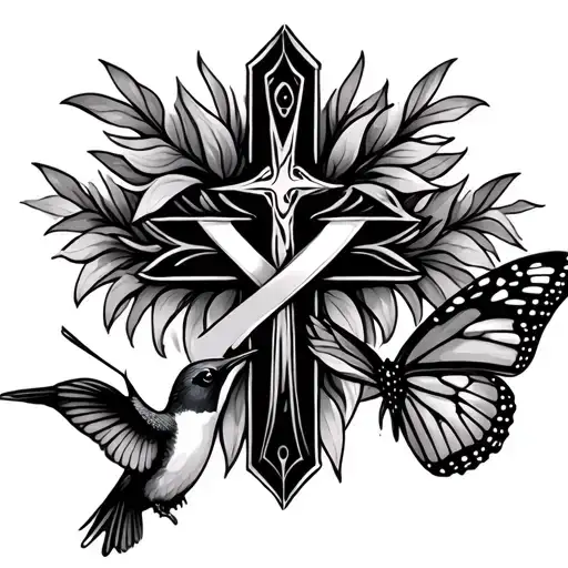 Cancer Ribbon Cross Hummingbird And Butterfly