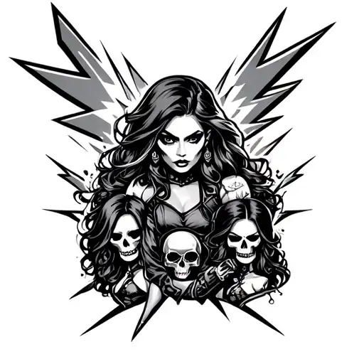 Biker Cartoon Art Style Sleeve Featuring Lightening Bolt And Skulls And Biker Girls