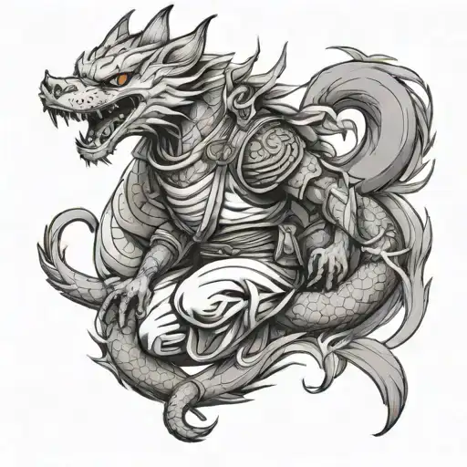 Kitsune With A Samurai Standing And A Dragon Around It