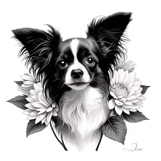 Papillon Dog With Dahlia Flowers