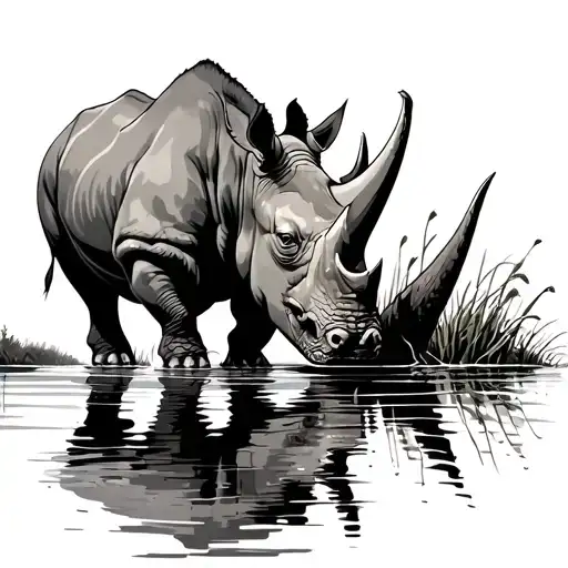 Rhino Near Lake Drinking The Water From The Lake Scene