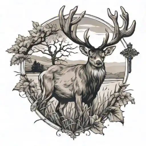 A Majestic Deer Standing In A Field With A Cross In The Background